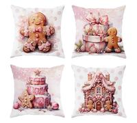 Christmas Gingerbread Man Throw Pillow Covers Set of 4 Gingerbread House Cake Gift Box Cute Pink Linen Cozy Washable Living Room Couch Bed Home Decor Cushion Cover 18x18inch