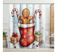 Christmas Gingerbread Shower Curtain, Red Candy Decor for Holiday Bathroom, Winter Festive Waterproof Fabric Shower Curtain Set with Hooks 62x72 Inch