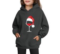 Christmas Girls' Boy's Red Black Hoodie Kids Wine Glass Santa Hat Graphic Sweatshirt Winter Pullover with Pocket for 3-14 Years