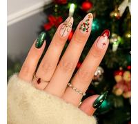 Christmas Glam Almond Press On Nails with Festive Green Gold Red Sparkle 3D Embellishments - Shiny Glossy Full Cover Stick On Fake Nails for Holiday Parties Women Gifts 24PCS