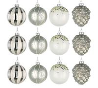Christmas Glass Baubles 12pcs Set - 8cm Ornaments with 4 Stunning Assorted Designs Shatchi Silver One Size
