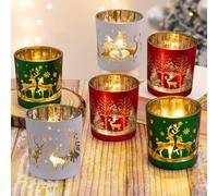 Christmas Glass Votive Candle Holders, Christmas Candle Holders Decorations, Set of 6 Glass Candle Holder, Chris tmas Tea Light Holders, Table Centerpieces Party Decorations (Snow/Xmas Tree/Reindeer)