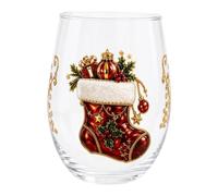 Christmas Glassware Stemless Wine Glass with Tree and Santa Art | Stemless Clear Glass For Festive Beverages Table Decor and Gift for Friends Family