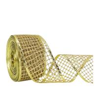 Christmas Glitter Mesh Wired Ribbon, 6.3 cm x 10 Yards, Square Net Design, Sparkle for Tree Decorations, Wreath Making (Gold)