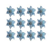 Christmas Glitter Poinsettia Flowers Tree Decorative Flower Wedding Ornament 13cm 12PCS Blue.