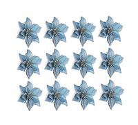 Christmas Glitter Poinsettia Flowers Tree Decorative Flower Wedding Ornament 13cm 12pcs Blue, Christmas Glitter Poinsettia Flowers, Silver Glitter Poinsettia Flowers, Christmas Tree Flower Decorations
