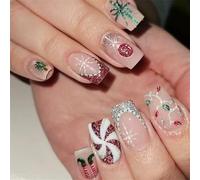 Christmas Glitter Swirls 24PCS With Floral Rhinestones Red Silver Reusable False Nails Set Red Silver Shining Faux Nail