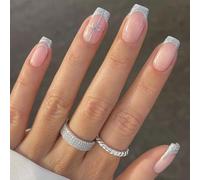 Christmas Glittering French Tip False Acrylic Nails With Snowflakes Designs Winter Artificial Nails Art For Women 24Pcs