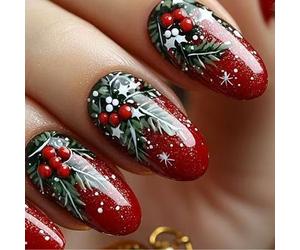 Christmas Glittering Short Oval Flashy Red Berries Art 24PCS False Nails For Festive Event Glittering Christmas Party Nail