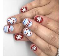 Christmas Glitters Press On Nails Set White Red Stripes Floral Design ABS Materials 24PCS Multi Size Artificial Nails For Women Festive Glitters Nail Set