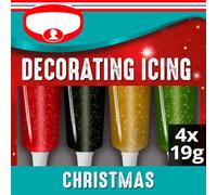 Christmas Glittery Decorating Icing Set - 4x19g Piping Tubes in Red, Black, Gold & Green for Easy Holiday Cake, Cupcake, & Cookie Decorating, Christmas Festive Edible Colors for Baking