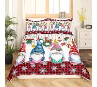 Christmas Gnome Bedding Set Xmas Snowflake Duvet Cover Double,Cute Scandinavian Christmas Decorations Santa Dwarf Comforter Cover,Red and Black Lattice Cartoon Gnome Christmas Decorations