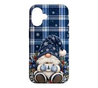 Christmas Gnome Cute Cozy Coffee Knitted Blue Tartan Plaid Case for iPhone 16