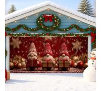 Christmas Gnome Garage Door Cover, Festive Winter Holiday Decorations, Red and Brown Snowy Scene for Indoor and Outdoor Xmas Decor 157x71 Inch