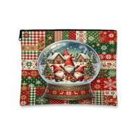 Christmas Gnome Snow Globe Makeup Bag 7x9 Inch | Gnome Illustration, Cosmetic Bag, Winter Cabin Scene, Patchwork Pattern, Zippered Closure, Seasonal Home Decor