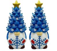Christmas Gnome Tree Decorations, Ceramic Christmas Gnomes Trees, Blue Lighted Ceramic Trees Decor, Mini Blue Lighted Tree Decor
