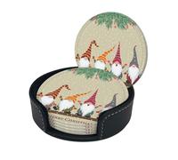 Christmas Gnomes Print Chic Round Leather Coasters â€“ Set Of 6 Full-Print Coasters In A Premium Pu Leather Storage Box