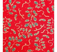 Christmas Gold Metallic Leaves Mistletoe Holly Fabric Xmas Material - Half Metres & Metre Lengths (Red Metallic Gold Holly Ribbons, Half Metre)