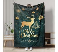 Christmas Gold Reindeer Fleece Blanket, Dark Green Holiday Decor Throw Blanket, Cozy Soft Flannel Warm Blanket for Sofa, Bed, All Season 50x60 Inch