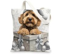 Christmas Golden Doodle Dog Canvas Tote Bag for Shopping 13 * 15, Luxury Xmas Gifts Reusable Grocery Shoulder Cloth Bag for Women, Pet Painting Gift Decor