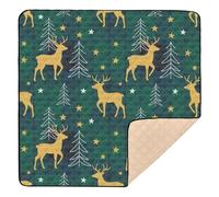 Christmas Golden Reindeer and Trees on Green Plaid Cute Foldable Baby Activity Play Mat for Floor Comfortable Baby Play Tummy Time Mat for Baby Toddler Infant, 50'' x 50''