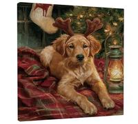Christmas Golden Retriever Canvas Wall Art, Cozy Brown Animal Portrait, Winter Holiday Dog Decor for Living Room, Bedroom, Office, Wrapped Canvas 12x12 Inch