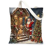 Christmas Golden Retriever Dog Canvas Tote Bag for Shopping 13 * 15, Festive Cabin Tree Reusable Grocery Bag for Women, Xmas Work Travel Painting Gift Decor