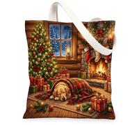 Christmas Golden Retriever Dog Canvas Tote Bag for Shopping 13 * 15, Festive Fireplaces Reusable Fashion Bag for Women, Xmas Work Travel Pattern Gift Decor