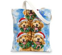 Christmas Golden Retriever Dog Canvas Tote Bag for Shopping 13 * 15, Xmas Fun Watercolor Reusable Grocery Bag for Women, Pet Travel Pattern Gift Decoration