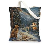 Christmas Golden Retriever Dog Canvas Tote Bag for Shopping 13 * 15, Xmas Snowy Scene Reusable Grocery Shoulder Bag for Women, Pet Painting Gift Decor