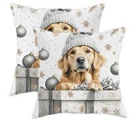Christmas Golden Retriever Dog Throw Pillow Covers 18x18 Set of 2, Soft Luxury Xmas Gifts Pillow Cases Kit with Zipper, Pet Pattern Velvet Decor Couch Sofa Living Room