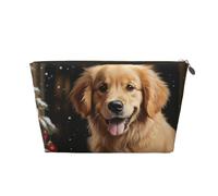 Christmas Golden Retriever Leather Cosmetic Bag - Large Capacity Portable Travelling Toiletry Bag, Suitable for Daily and Travelling Use