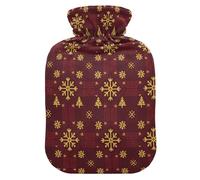 Christmas Golden Snowflakes and Trees on Burgundy Water Bottle for Hot Water with Soft Cover, 1L Hot Water Bag for Hot and Cold Therapies