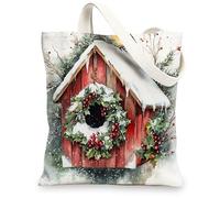 Christmas Goldfinch Bird Canvas Tote Bag for Shopping 13 * 15, Fun Watercolor Birdhouse Reusable Grocery Bag for Women, Winter Travel Pattern Gift Decoration