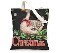 Christmas Goose Canvas Tote Bag for Shopping 13 * 15, Fun Xmas Hollies Reusable Grocery Shoulder Cloth Bag for Women, Animal Painting Gift Decor