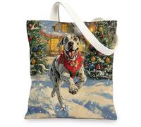 Christmas Great Dane Dog Canvas Tote Bag for Shopping 13x15, Winter Snow Xmas Puppy Reusable Grocery Print Bag for Women, Holiday Pet Beach Aesthetic Painting Gift Decor