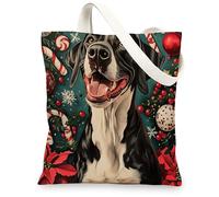 Christmas Great Dane Dog Canvas Tote Bag for Shopping 13x15, Xmas Candy Poinsettia Puppy Reusable Grocery Print Bag for Women Men, Holiday Pet Aesthetic Painting Gift Decor