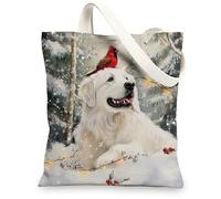 Christmas Great Pyrenees Dog Canvas Tote Bag for Shopping 13 * 15, Xmas Cardinal Snowy Reusable Grocery Bag for Women, Pet Travel Pattern Gift Decoration