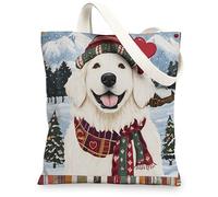 Christmas Great Pyrenees Dog Canvas Tote Bag for Shopping 13 * 15, Xmas Patchwork Reusable Grocery Bag for Women, Pet Travel Pattern Gift Decoration