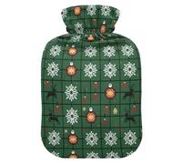 Christmas Green Cross - Stitch Snowflakes Baubles Deer Hot Waterbottle with Soft Cover, 1L Hot Compress for Sore Muscle