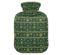 Christmas Green Gold Star Snowflake Water Bottle for Hot Water with Soft Cover, 1L Hot Compresses for The Body for Neck and Shoulder Pain Relief