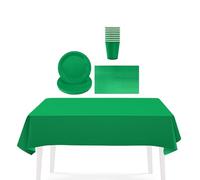 Christmas Green Party Paper Tableware Set - 16 Cups, 20 Napkins, 16 Plates, Large Plastic Tablecloth for Xmas Table Decor
