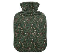 Christmas Green Red Brown Pine Mushroom Berry Travel Hot Water Bottle with Soft Cover, 1L Water Bags for Neck Shoulder Warmer