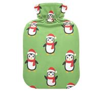 Christmas Green Red Penguin Santa Hat Hot Bottle Water Bag with Soft Cover, 1L Water Bag for Hot and Cold Therapies