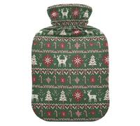 Christmas Green Red White Deer Tree Snowflake Water Bottle for Hot Water with Soft Cover, 1L Hot Water Bags for Arthritis
