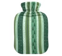 Christmas Green Striped Tree Pinecone Star Water Bottle for Hot Water with Soft Cover, 1L Hot Water Bag for Sore Muscle