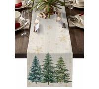 Christmas Green Table Runner Cotton Linen 72 Inch Holiday Misty Pine Tree Dresser Scarves, Forest Snowflake Winter Retro Tablerunner for Kitchen Coffee Dining Living Room Dinner Scarf Décor 13''x72''