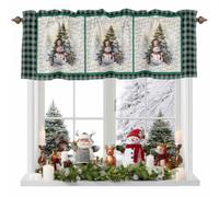 Christmas Green Valances for Windows, Buffalo Plaid Snowman Xmas Tree Forest Light Filtering Window Treatments Short Valance Curtains Rod Pocket for Kitchen Bathroom 42”x18”, 1 Panel