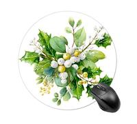 Christmas Greenery with Holly Mistletoe Snow Mousepad Round Computer Mousepad Waterproof Gaming Mousepads with Non-Slip Rubber Base Mousepads Mousemat for Laptop Office 20 CM