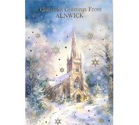Christmas Greetings From Alnwick Card, Winter Church Scene with Snowflakes, 13 x 19 cm